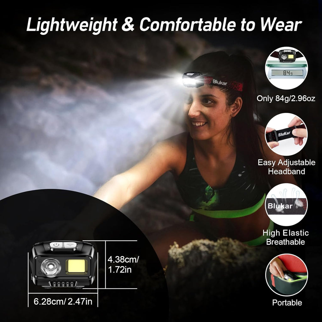 Blukar Lampe Frontale Rechargeable, Super Lumineux Étanche Léger Torche Frontale LED Puissante avec Voyant Rouge, 8 Modes d'éclairage, Détecteur de Mouvement, 30H d'autonomie pour Course/Camping