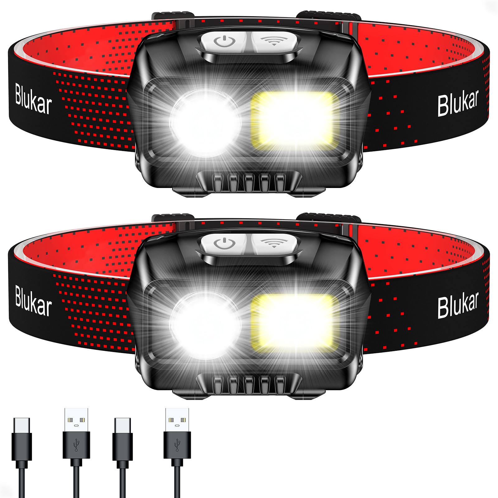 Blukar Lampe Frontale Rechargeable, Super Lumineux Étanche Léger Torche Frontale LED Puissante avec Voyant Rouge, 8 Modes d'éclairage, Détecteur de Mouvement, 30H d'autonomie pour Course/Camping